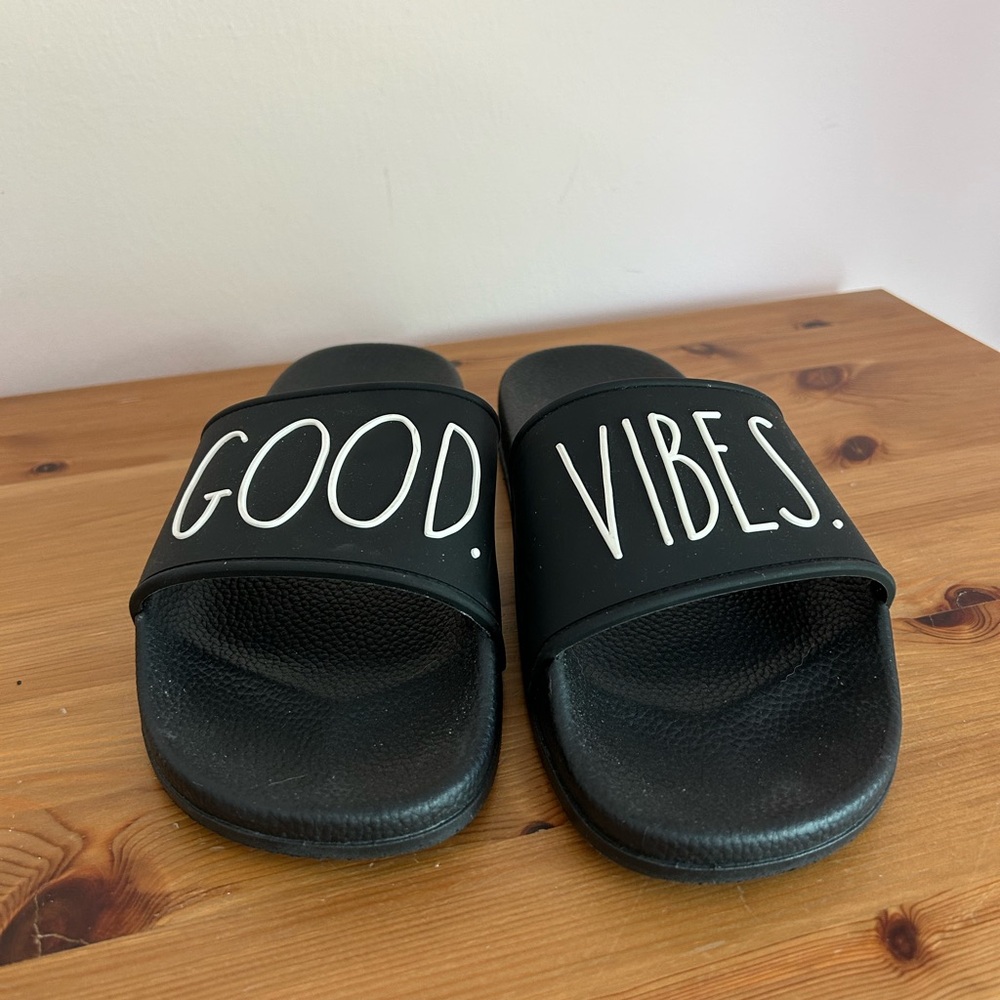 Rae Dunn Black Good Vibes Slide Sandals - Picture 13 of 15